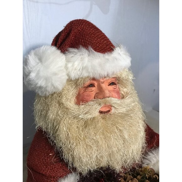 Vintage Styrofoam Rustic Santa Claus Figurine Faux Floral Basket & Jute Coat 16" - Picture 7 of 13